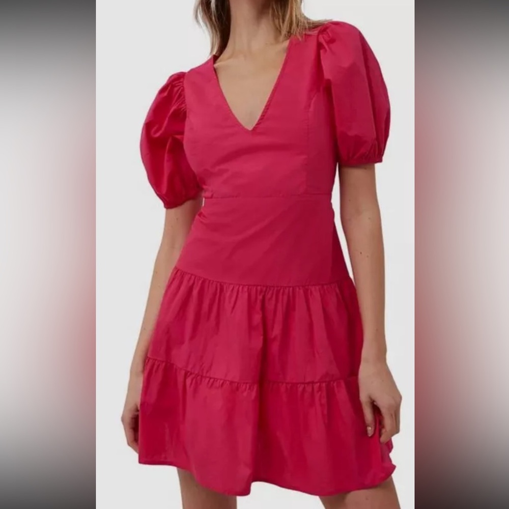 French Connection BIRCH POPLIN PUFF SLEEVE DRESS in pink US SIZE 4 NWT